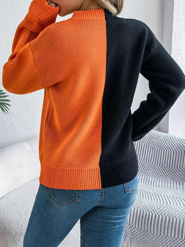 Contrast Round Neck Long Sleeve Sweater - Stylish & Comfortable