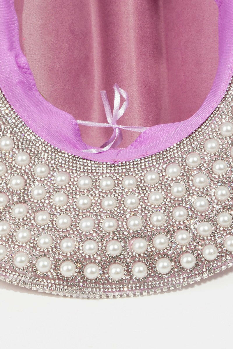 Fame Pave Rhinestone Pearl Trim Cowboy Hat - Glamorous Accessory