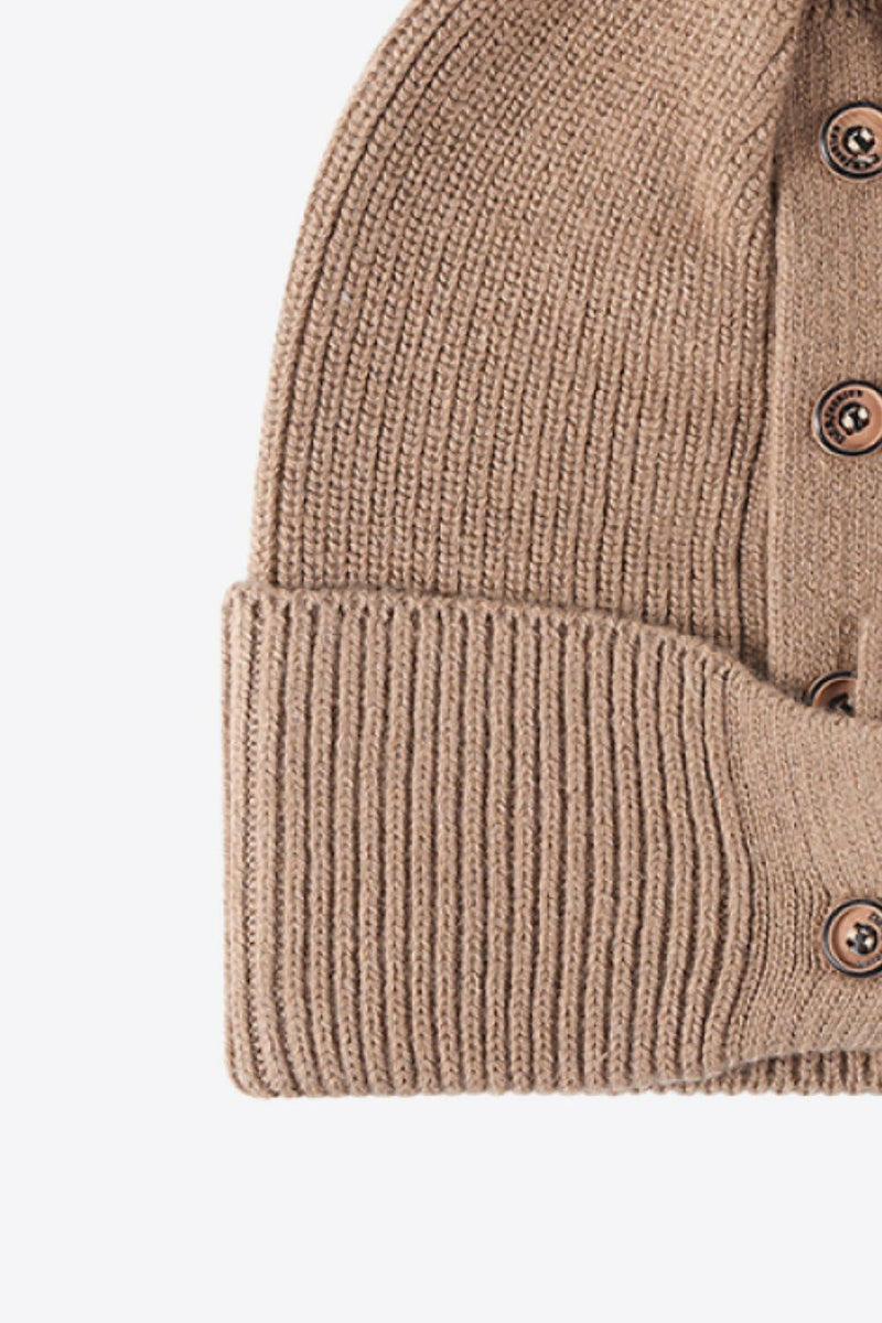 Button Detail Rib-Knit Cuff Beanie - Stylish Winter Accessory