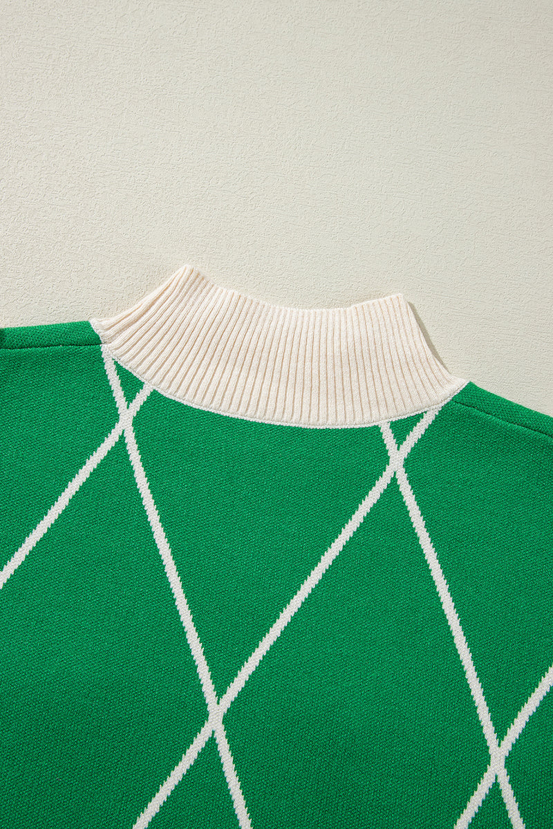 Dark Green Diamond Pom Pattern Contrast Trim High Neck Sweater