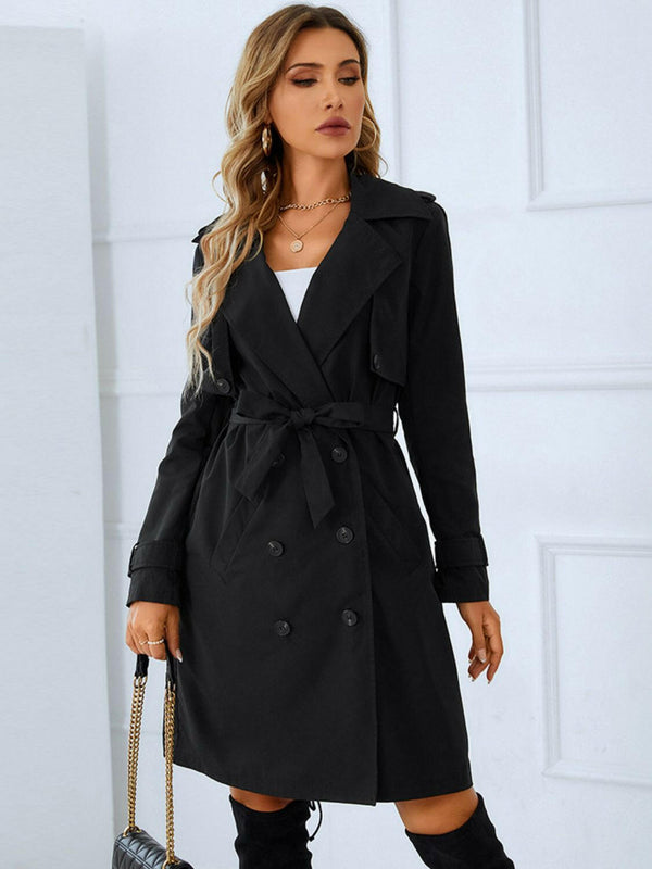 Lapel Collar Tie Belt Double-Breasted Trench Coat - Stylish Outerwear