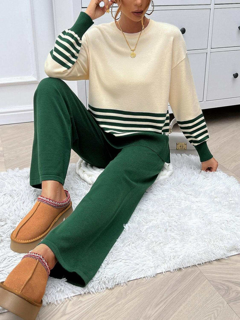 Devine Slit Striped Round Neck Top - Stylish Sweater Set