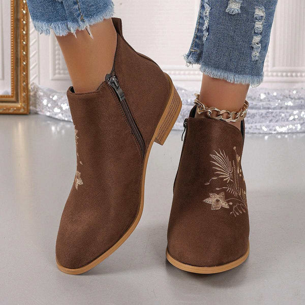 Embroidered Suede Point Toe Block Heel Boots for Stylish Comfort