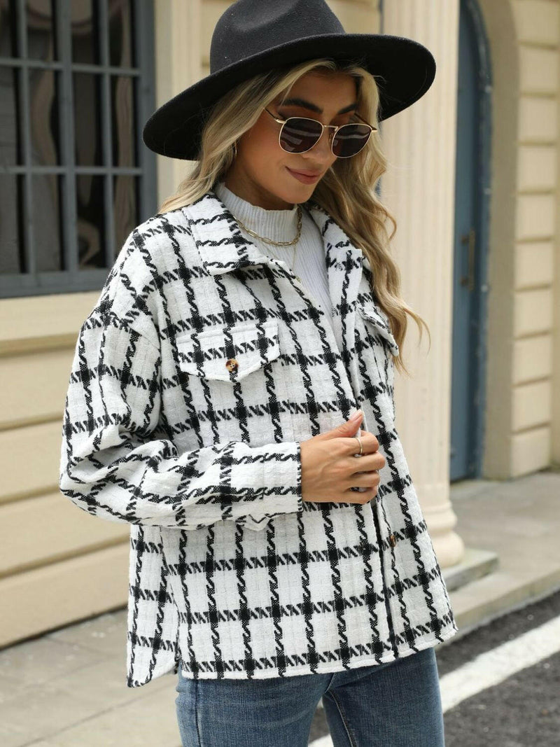 Plaid Collared Neck Long Sleeve Jacket - Stylish & Comfortable