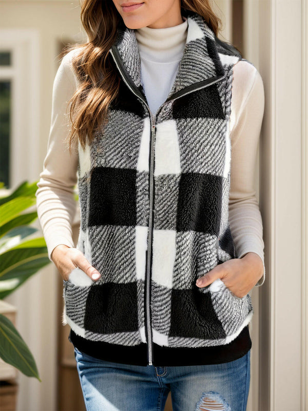 Pocketed Plaid Zip Vest Coat - Stylish & Comfortable Wear