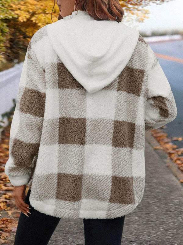 Fuzzy Plaid Button - Stylish Hooded Jacket for Every Occasion