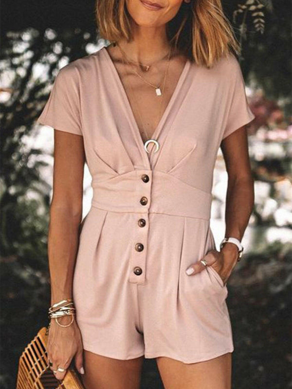 V-Neck Romper: Stylish Ruched V-Neck with Pockets