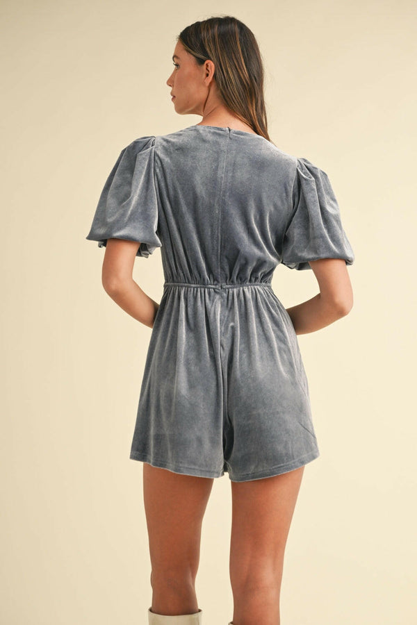 Mable Jewel Bow Decor Puff Sleeve Velvet Romper - Elegant Style