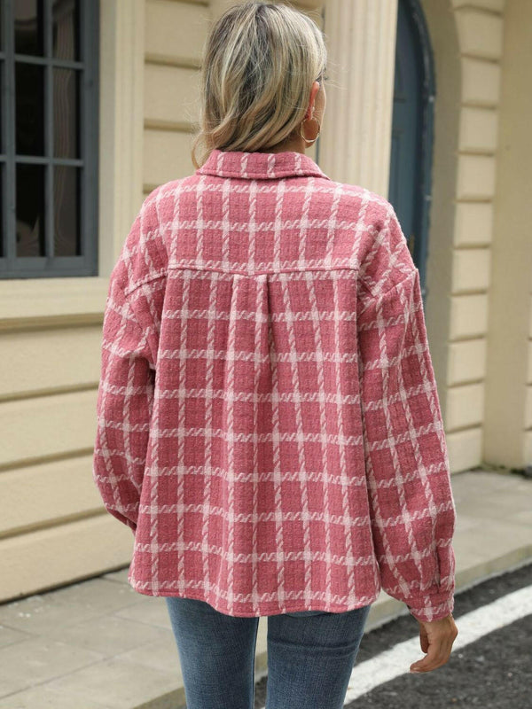 Plaid Collared Neck Long Sleeve Jacket - Stylish & Comfortable