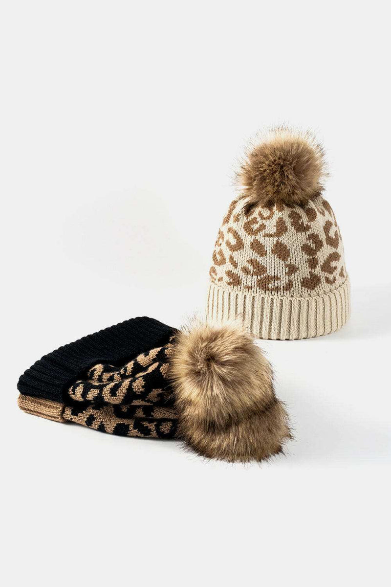 Leopard Pom-Pom Cuffed Beanie - Stylish Warmth for Winter