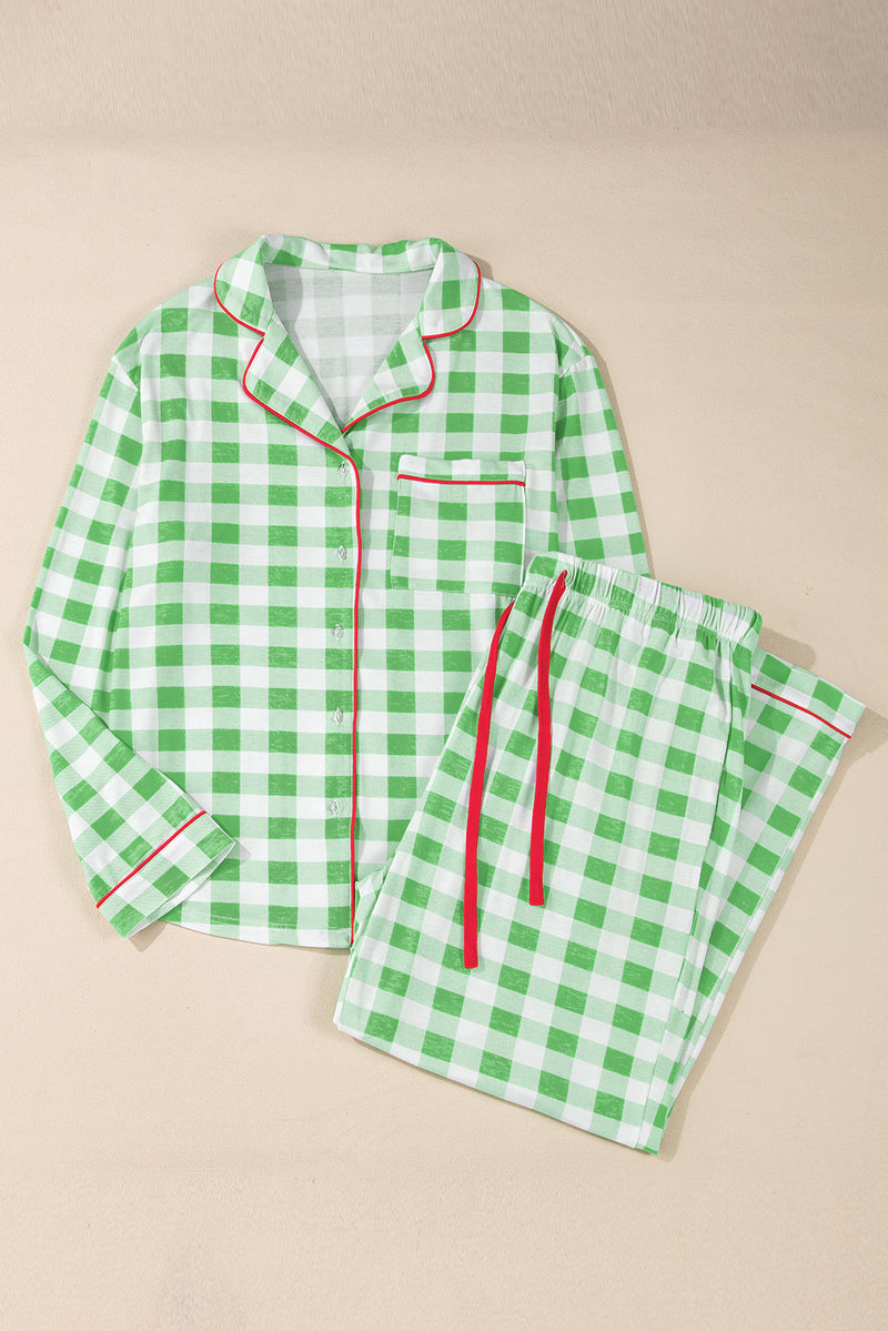 Green Plaid Print Piping Trim Long Sleeve Plus Size Pajama Set