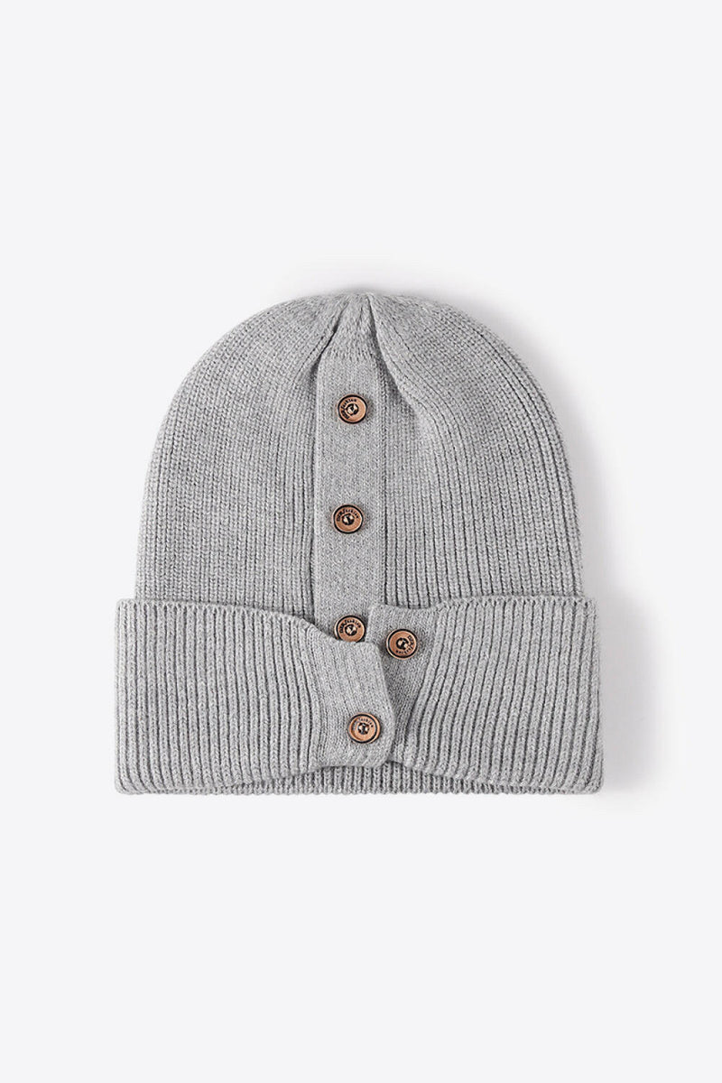 Button Detail Rib-Knit Cuff Beanie - Stylish Winter Accessory