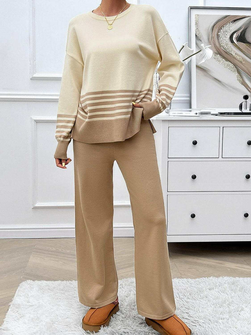 Devine Slit Striped Round Neck Top - Stylish Sweater Set