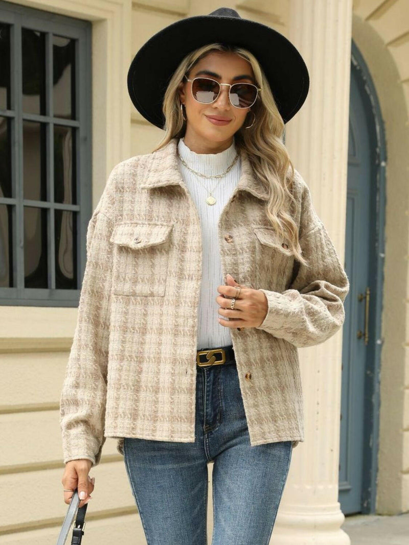 Plaid Collared Neck Long Sleeve Jacket - Stylish & Comfortable