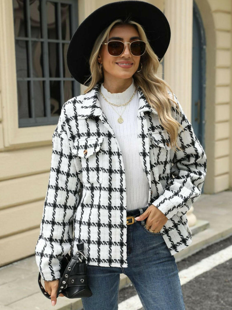 Plaid Collared Neck Long Sleeve Jacket - Stylish & Comfortable