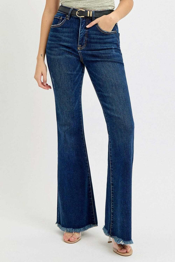 RISEN Tummy Control Frayed Hem Flare Jeans for Stylish Fit