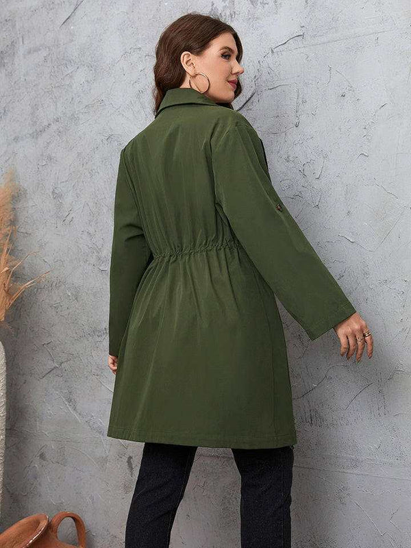 Size Lapel Collar Roll-Tab Sleeve Trench Coat for Plus Sizes