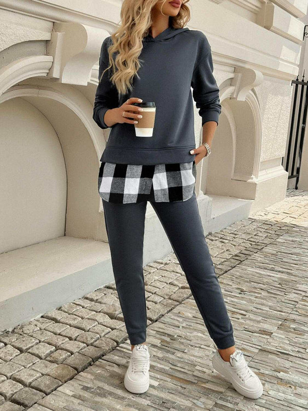 Devine Plaid Long Sleeve Hooded Top - Stylish Two-Piece Set