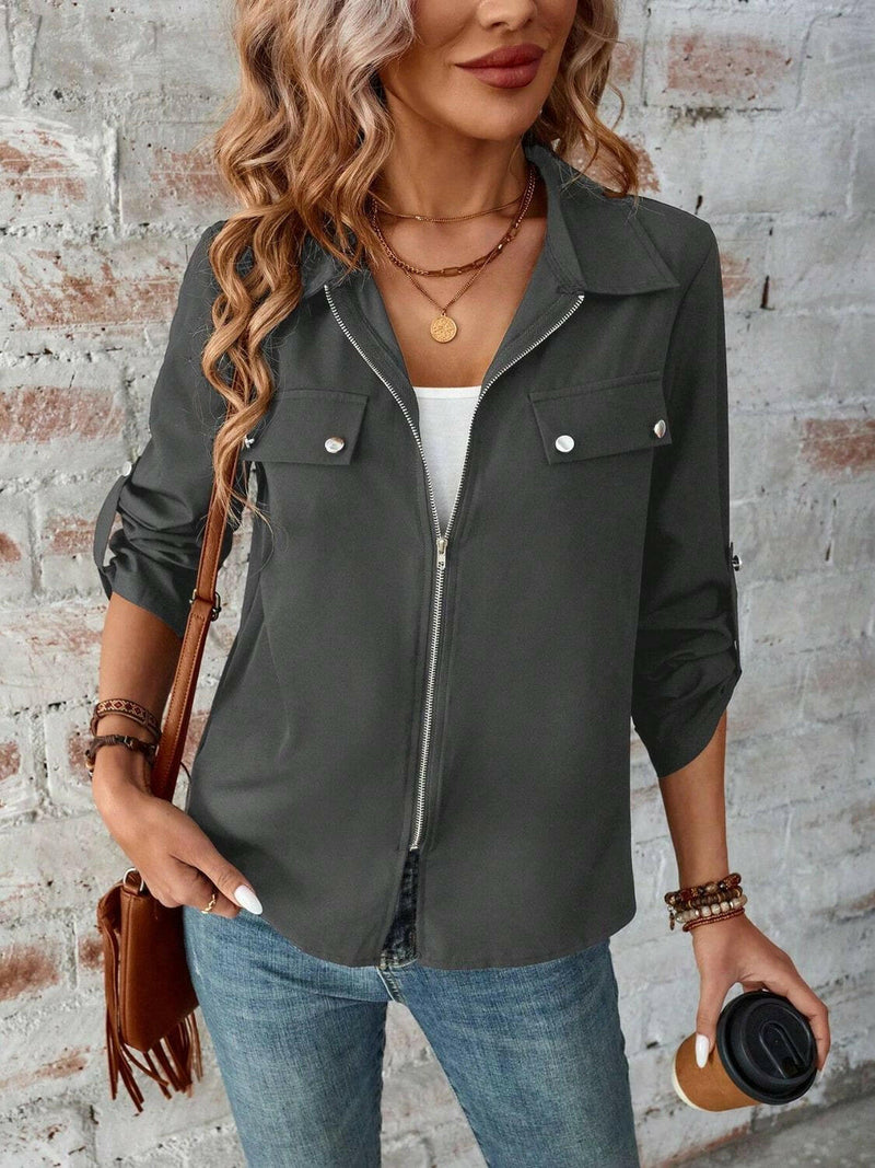 Zip Up Collared Neck Roll-Tab Sleeve Jacket - Stylish & Basic