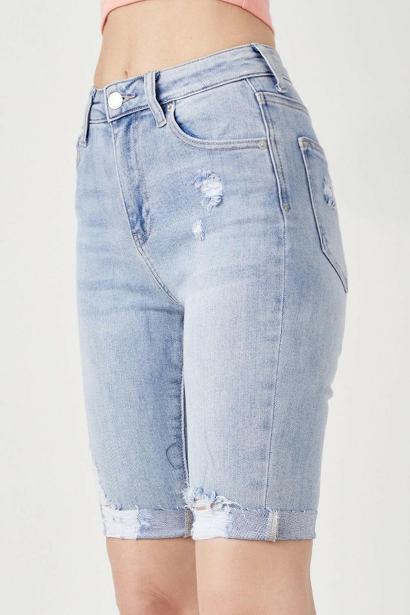 RISEN High Rise Distressed Denim Bermuda Shorts for Summer