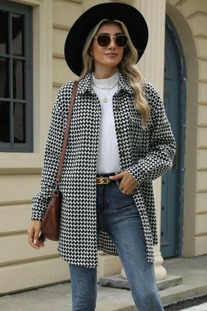 Dropped Shoulder Coat - Houndstooth Button Up Design