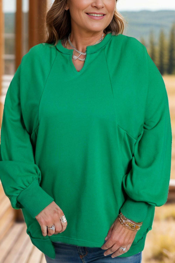 Size Cutout Hem Notched Long Sleeve Sweatshirt - Plus Size Style