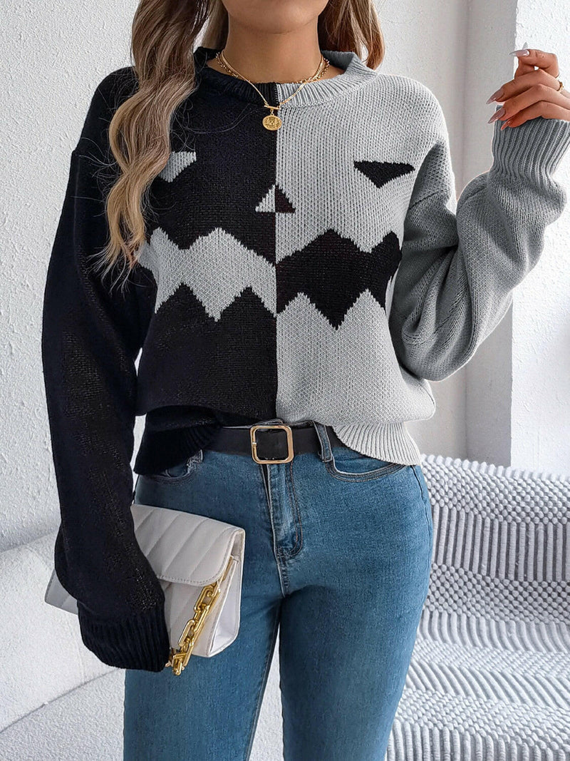 Contrast Round Neck Long Sleeve Sweater - Stylish & Comfortable