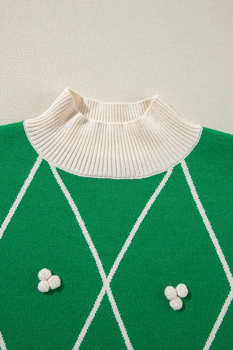 Dark Green Diamond Pom Pattern Contrast Trim High Neck Sweater