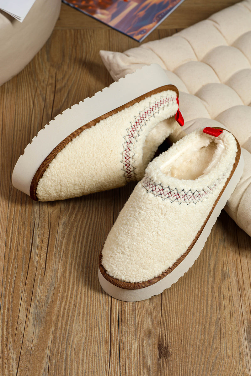 White Suede Contrast Print Plush Thick Sole Slippers