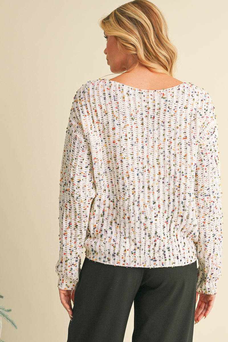 White Confetti Reversible Twist Sweater