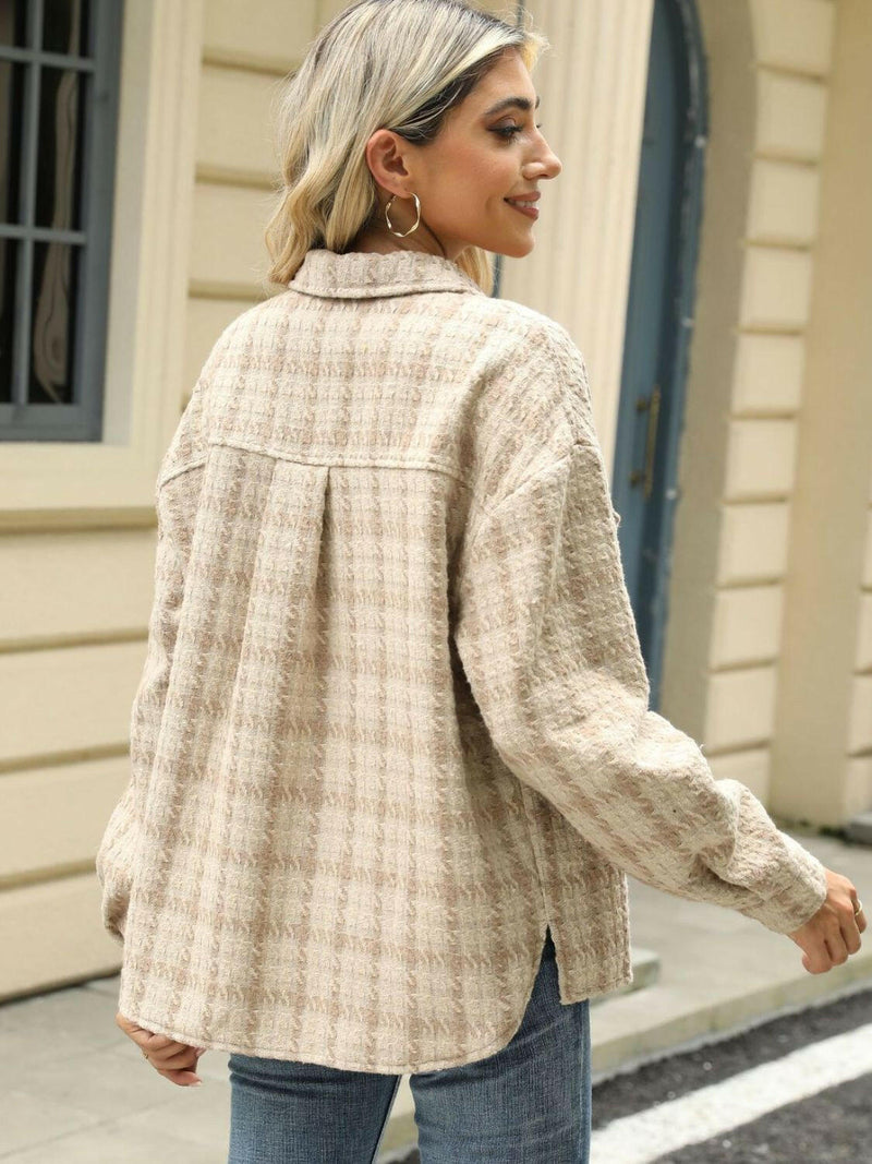 Plaid Collared Neck Long Sleeve Jacket - Stylish & Comfortable