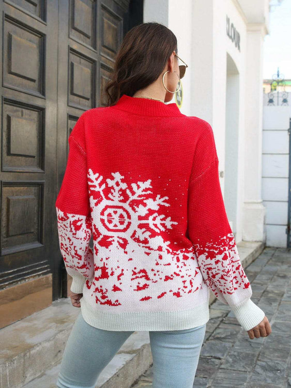 Snowflake Pattern Mock Neck Sweater - Cozy & Stylish