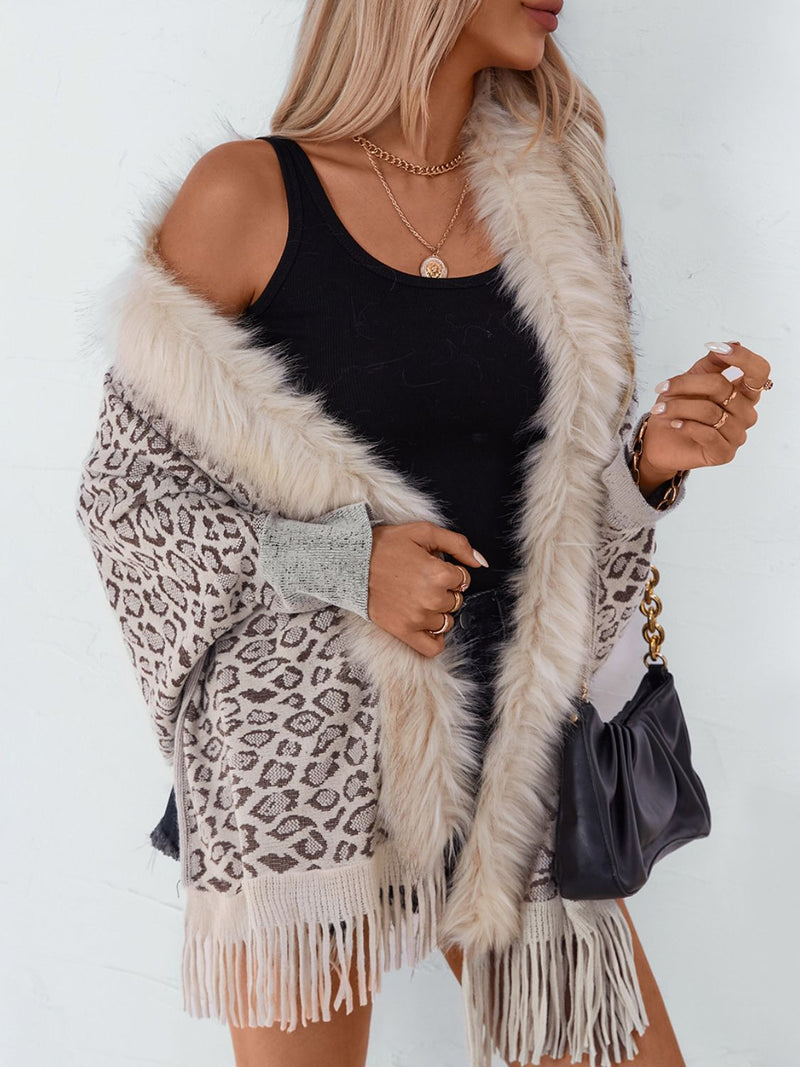 Fringe Leopard Open Front Long Sleeve Poncho