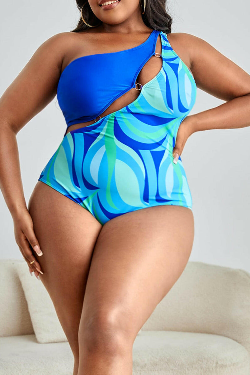 Size Printed Ring Detail One-Shoulder Swimsuit - Plus Size