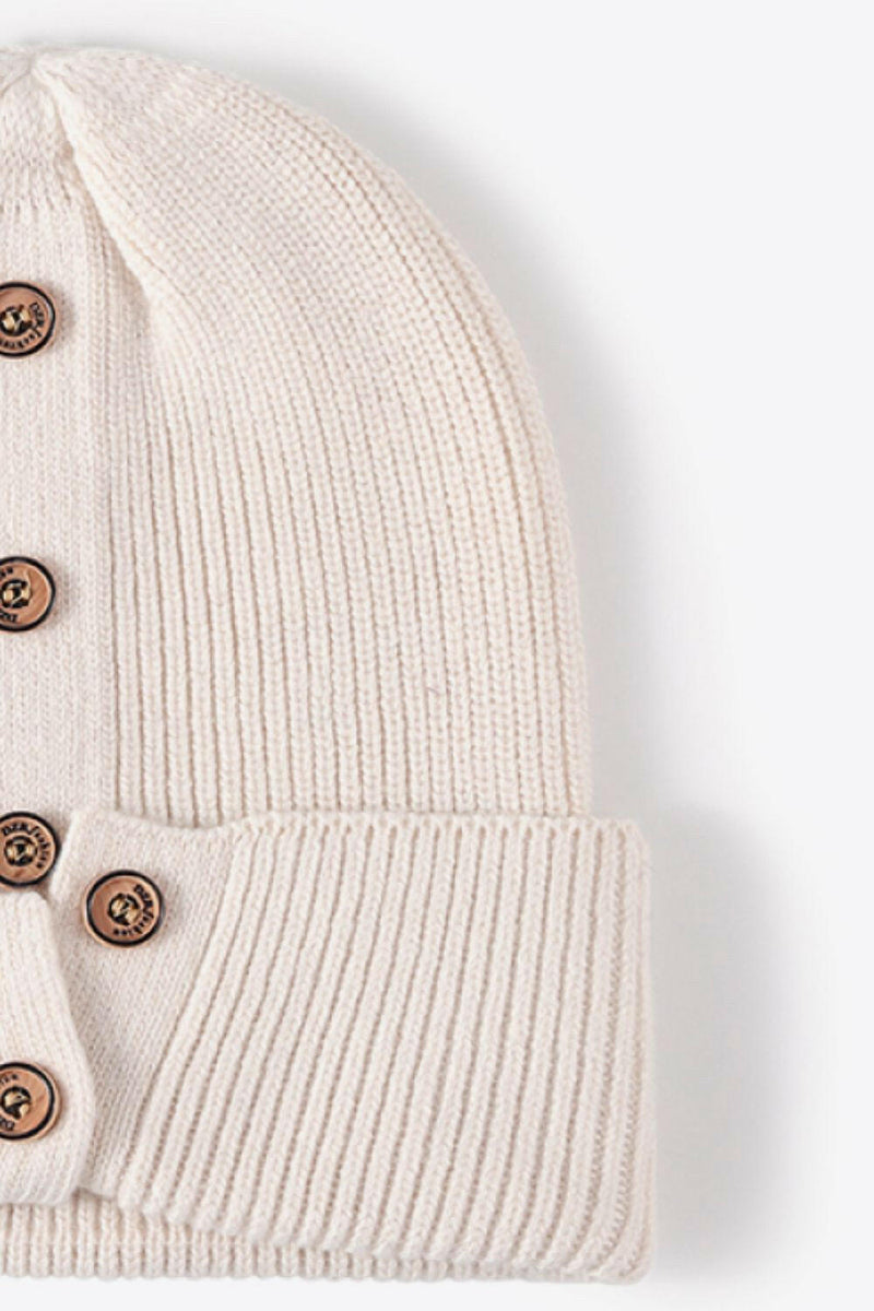 Button Detail Rib-Knit Cuff Beanie - Stylish Winter Accessory