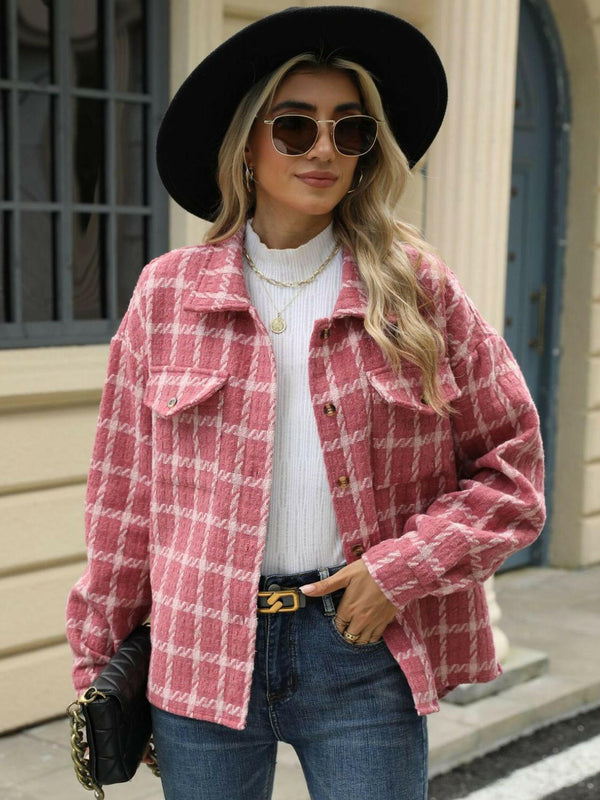 Plaid Collared Neck Long Sleeve Jacket - Stylish & Comfortable