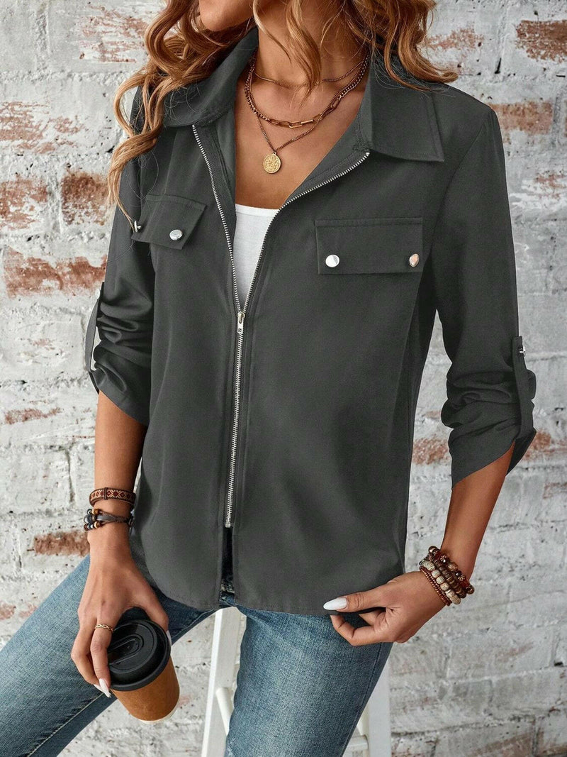 Zip Up Collared Neck Roll-Tab Sleeve Jacket - Stylish & Basic