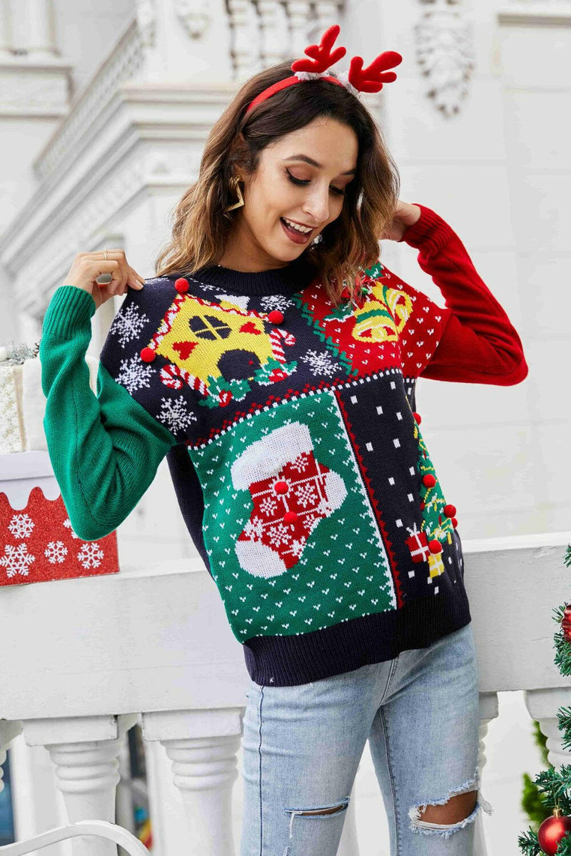 Christmas Color Block Knit Pullover - Festive and Casual Style