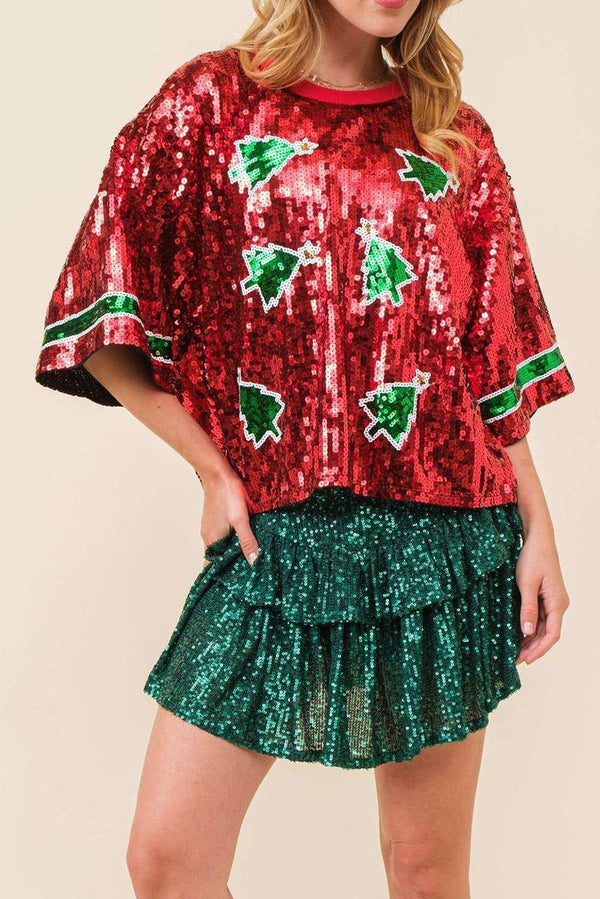 Red Sequin Christmas Tree Loose Bell Sleeve Top