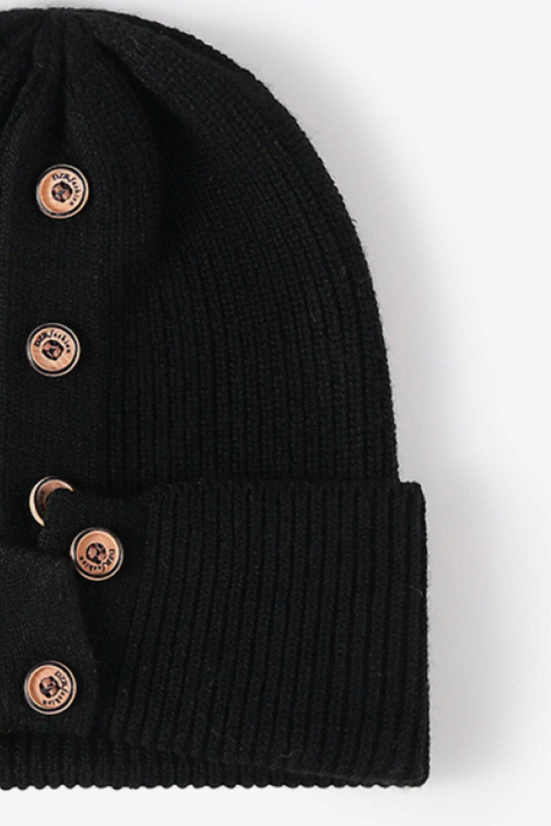 Button Detail Rib-Knit Cuff Beanie - Stylish Winter Accessory