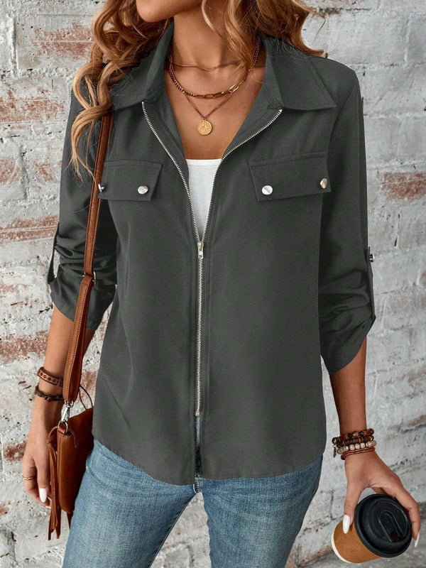 Zip Up Collared Neck Roll-Tab Sleeve Jacket - Stylish & Basic