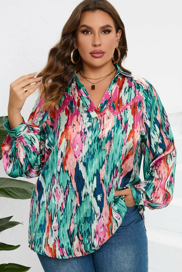 Size Printed Johnny Collar Long Sleeve Blouse