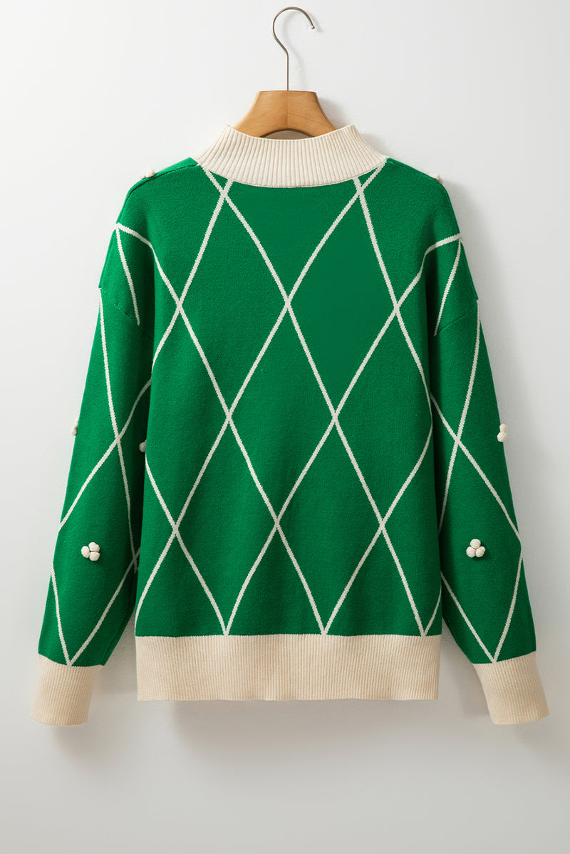 Dark Green Diamond Pom Pattern Contrast Trim High Neck Sweater