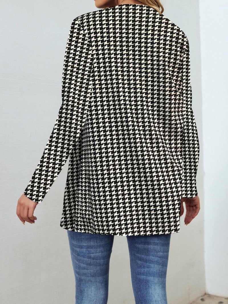 Houndstooth Open Front Long Sleeve Jacket