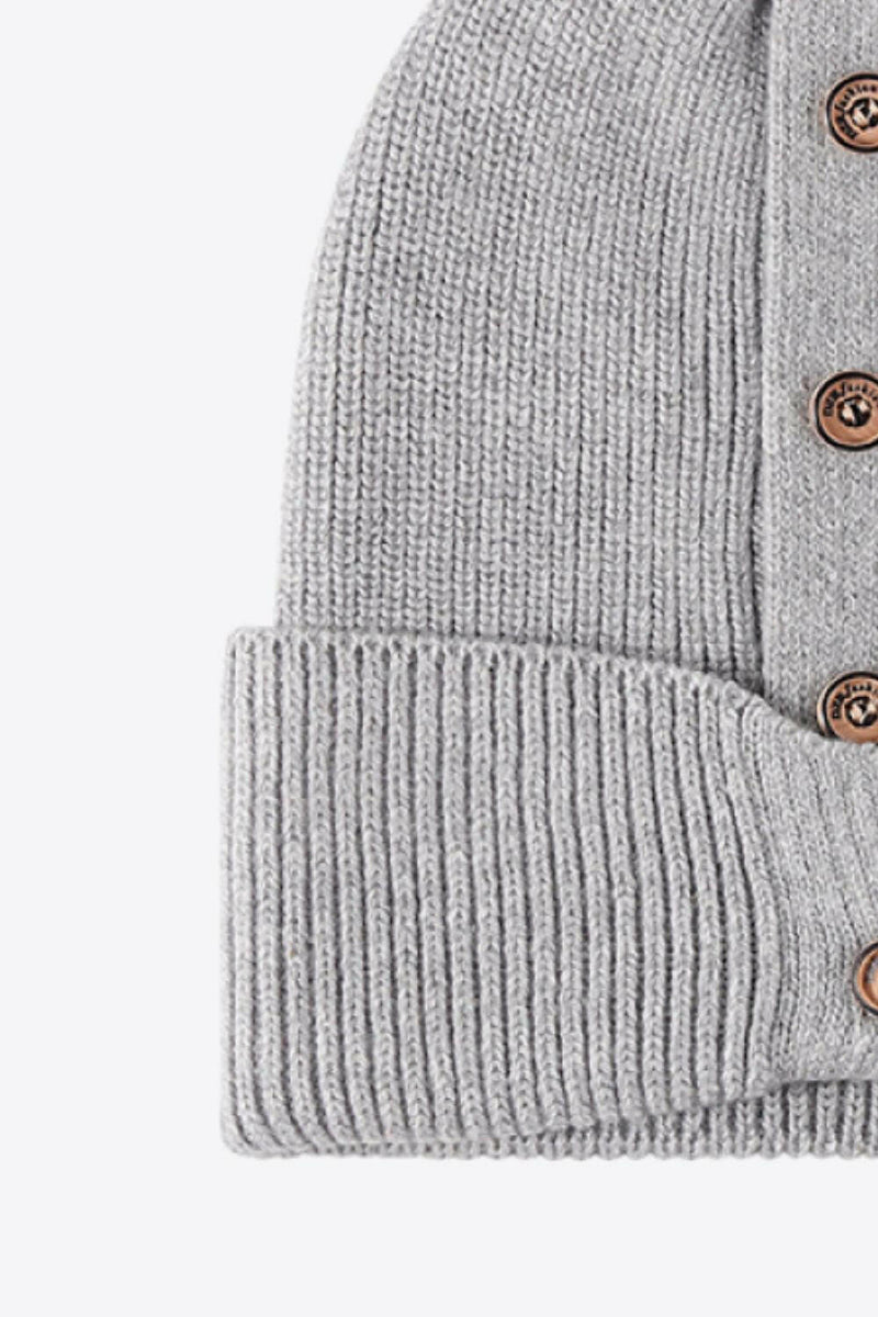 Button Detail Rib-Knit Cuff Beanie - Stylish Winter Accessory