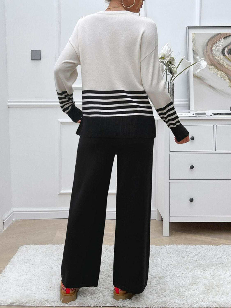 Devine Slit Striped Round Neck Top - Stylish Sweater Set