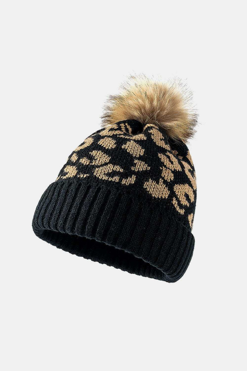 Leopard Pom-Pom Cuffed Beanie - Stylish Warmth for Winter