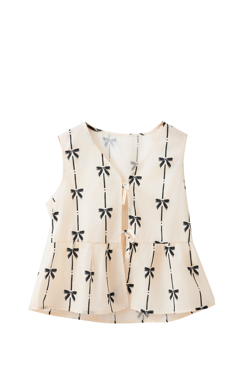 White Sweet Bow Print Tie Front Sleeveless Top