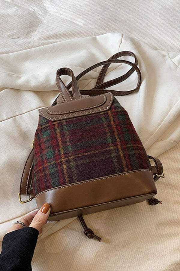 PU Leather Drawstring Plaid Backpack Bag - Stylish & Compact