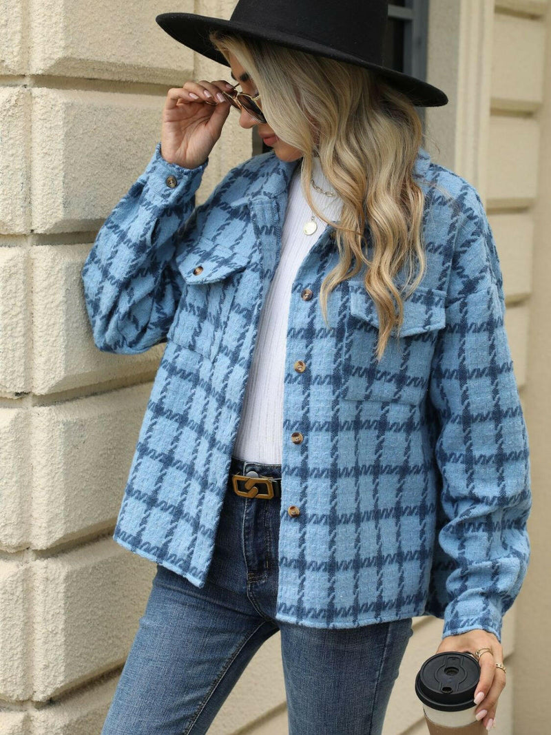 Plaid Collared Neck Long Sleeve Jacket - Stylish & Comfortable